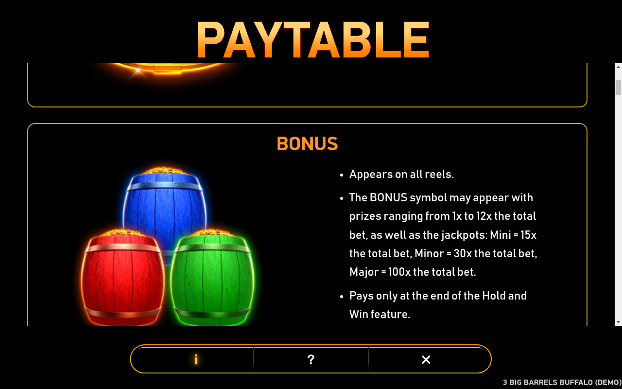 3 Big Barrels information screen