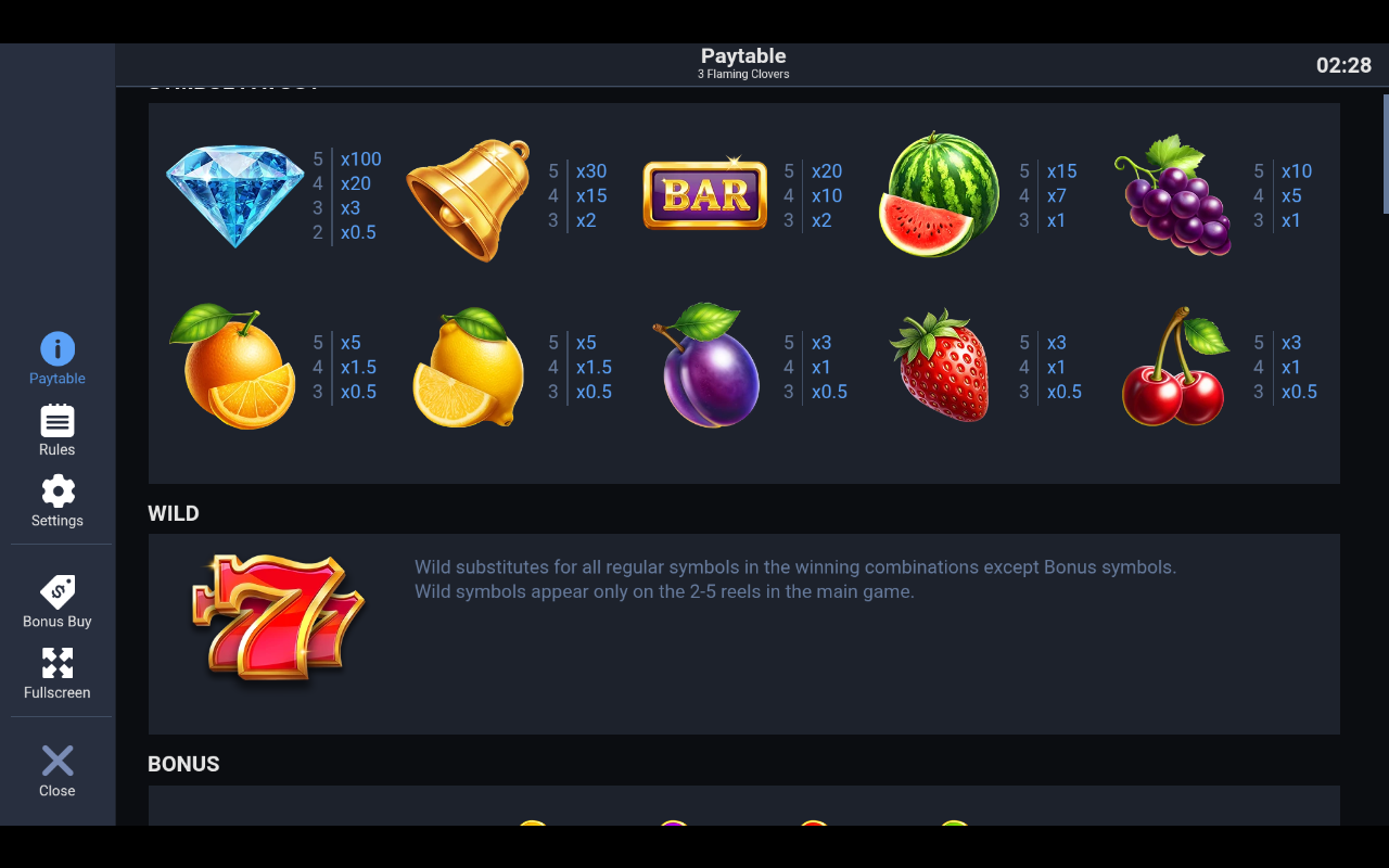 3 Flaming Clovers information screen