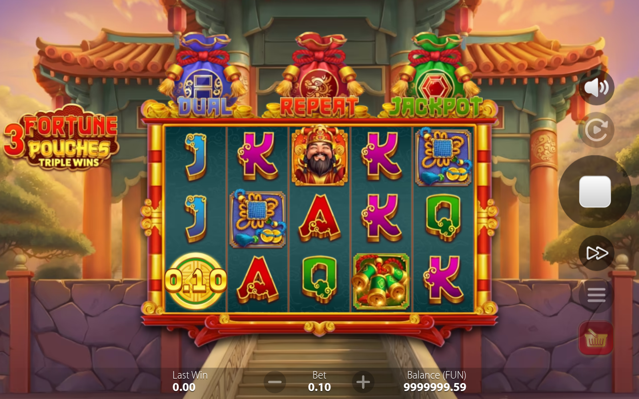 3 Fortune Pouches: Triple Wins gameplay showing the Dual boards in progress