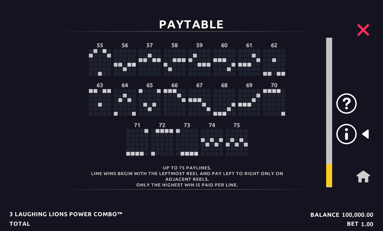 3 Laughing Lions Power Combo information screen