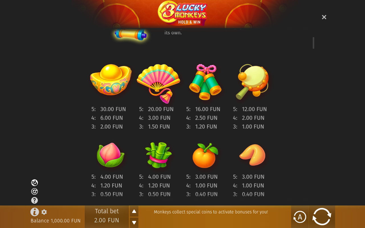 3 Lucky Monkeys paytable information screen