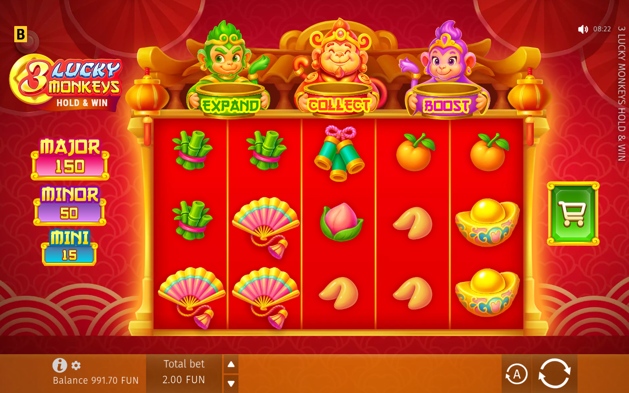 3 Lucky Monkeys gameplay during the Hold & Win feature