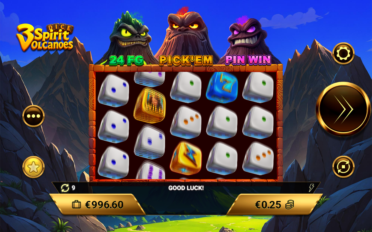 3 Spirit Volcanoes Dice gameplay showing a mask symbol