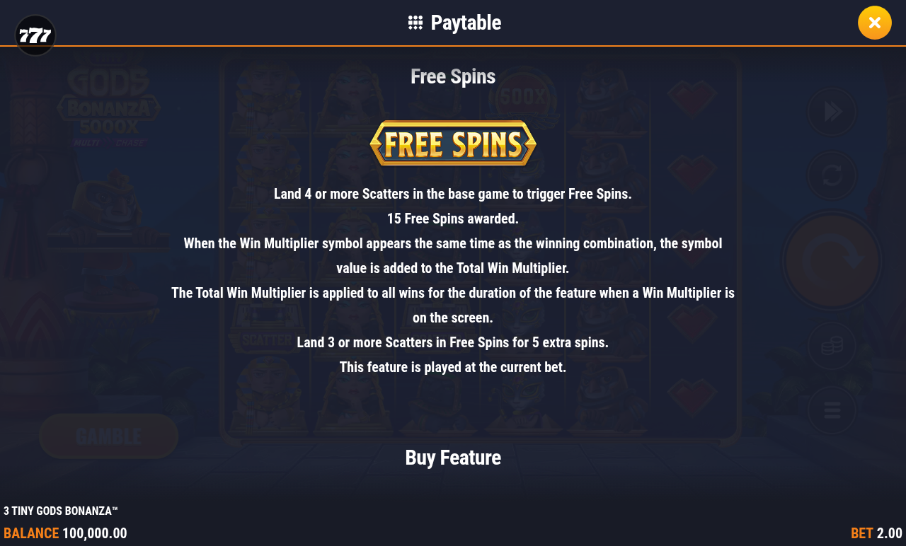 3 Tiny Gods Bonanza information screen
