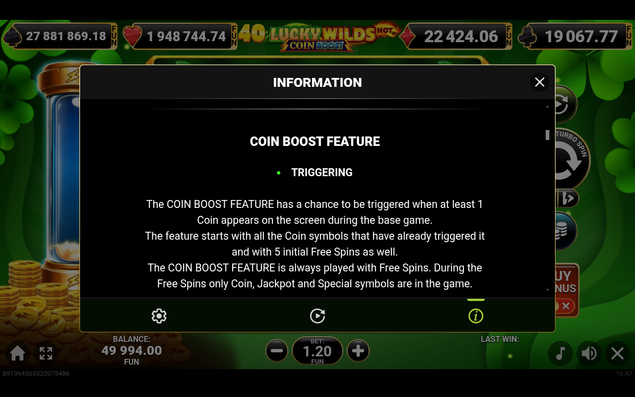 40 Lucky Wilds Hot Coin Boost information screen
