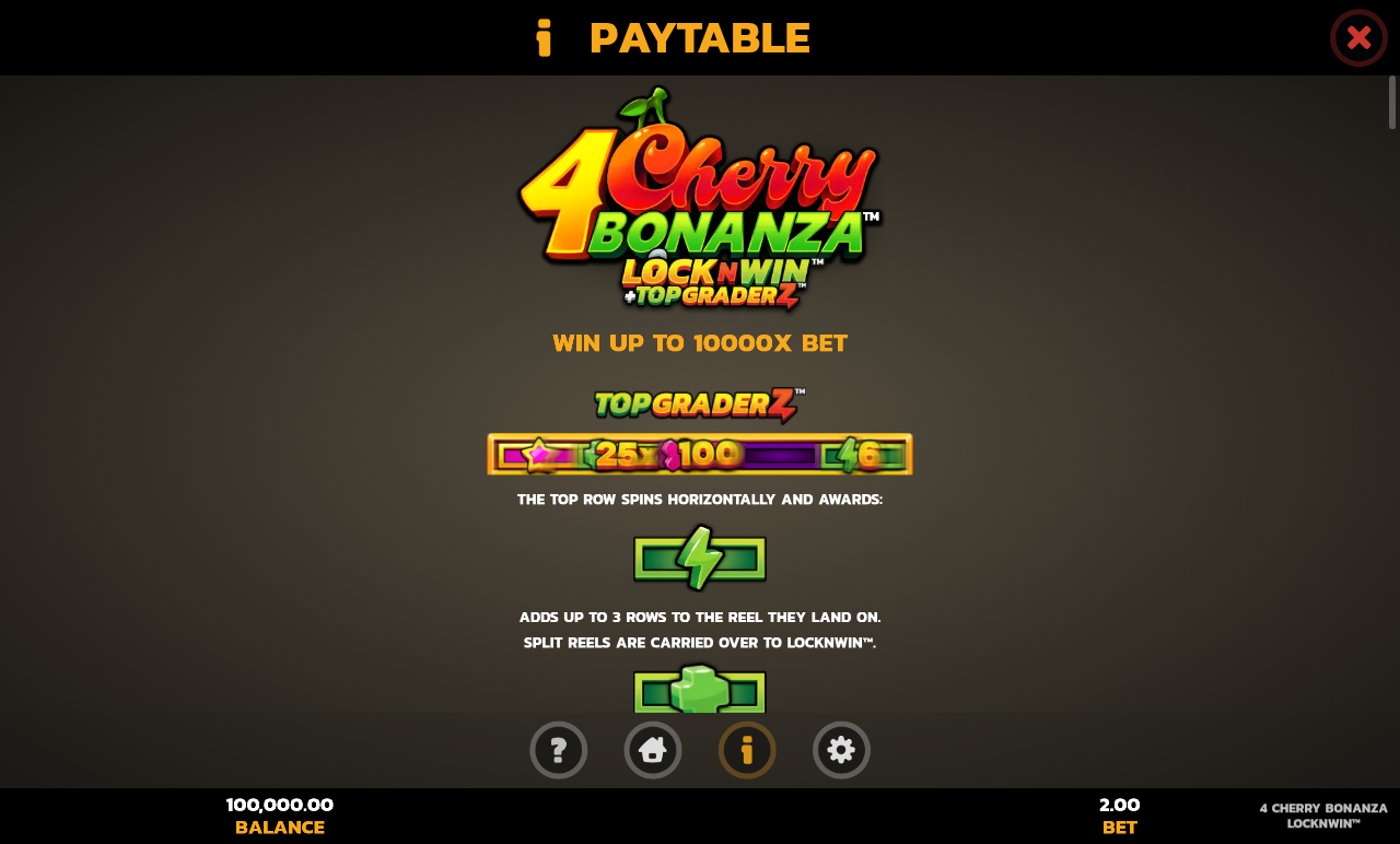 4 Cherry Bonanza LOCKNWIN information screen