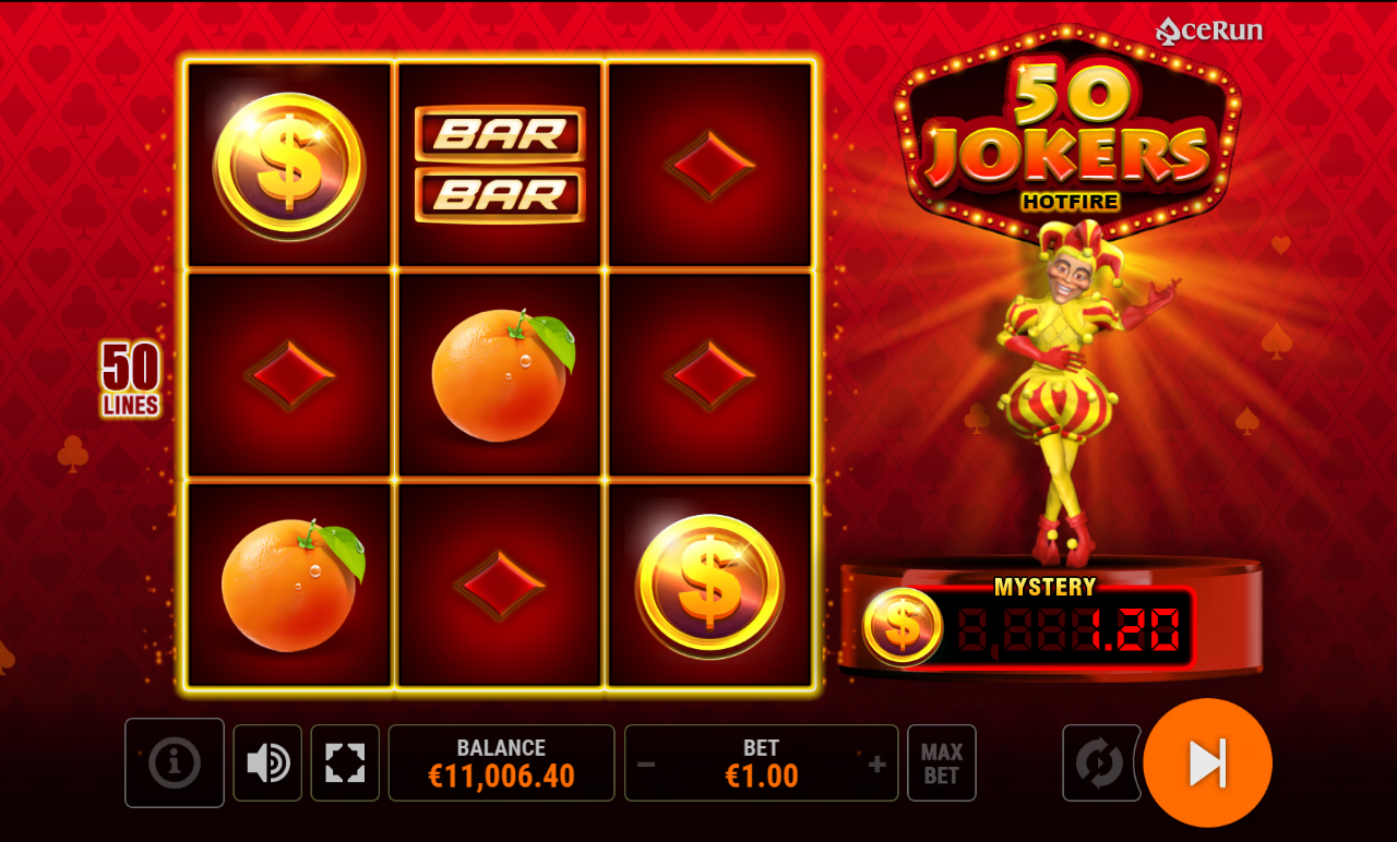 50 Jokers HOTFIRE gameplay showing a winning spin