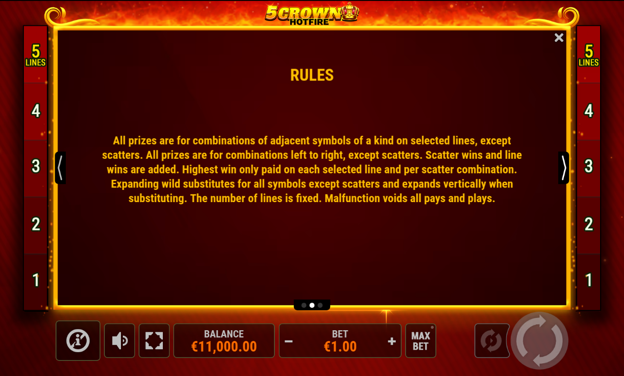 5 Crown Hotfire information screen