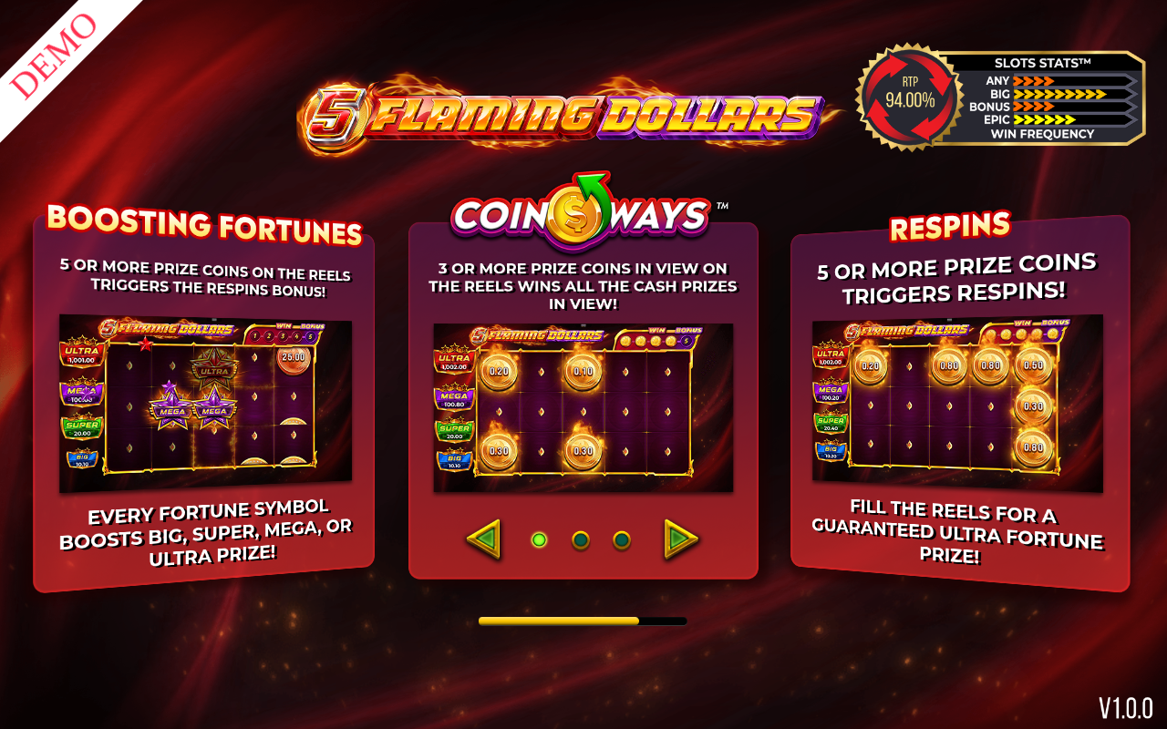 5 Flaming Dollars information screen