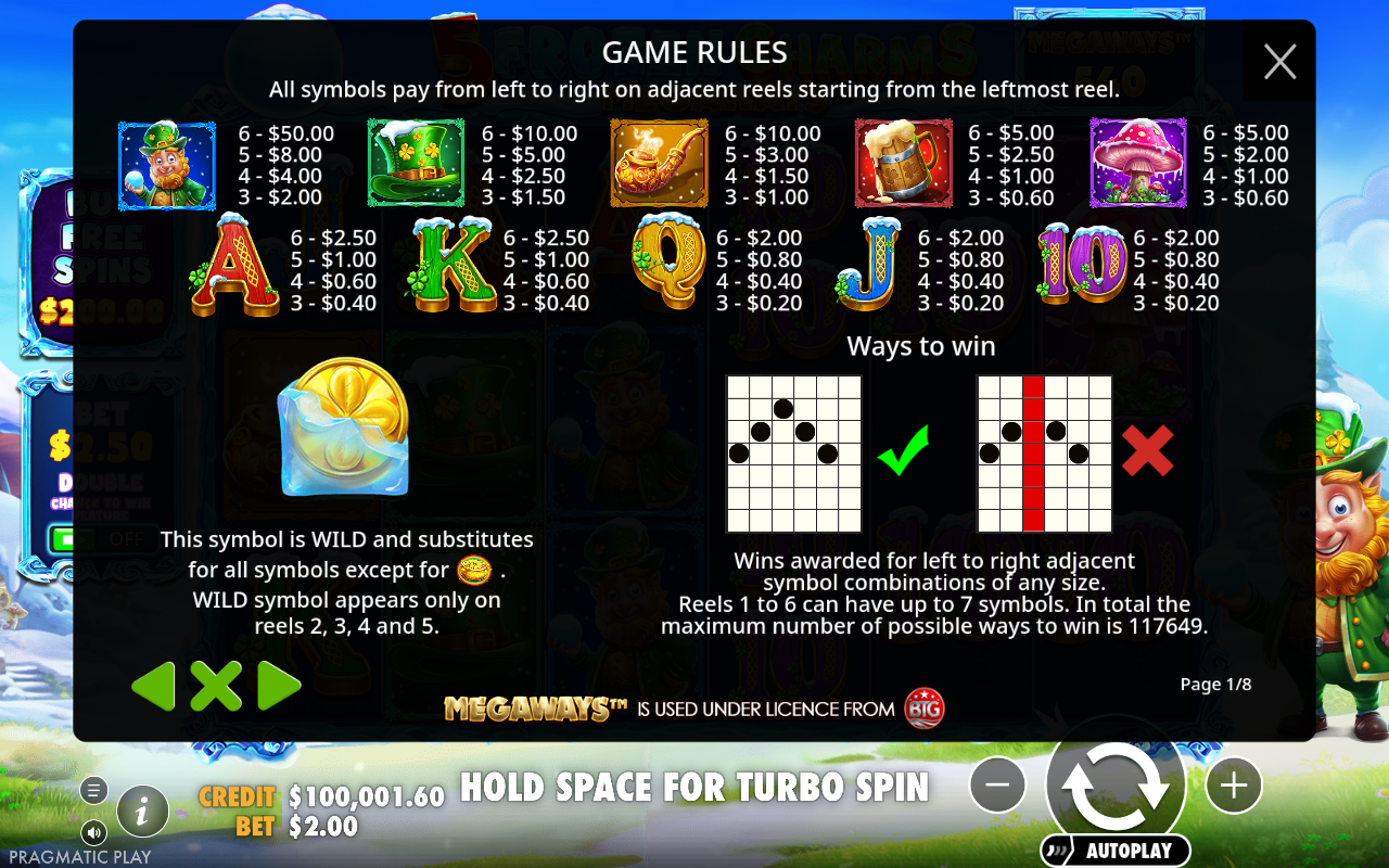 5 Frozen Charms Megaways information screen