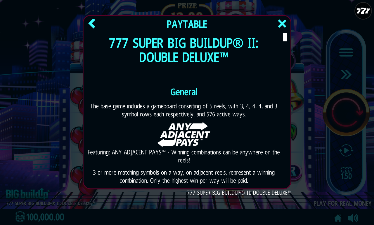 777 Super BIG BuildUp II Double Deluxe information screen