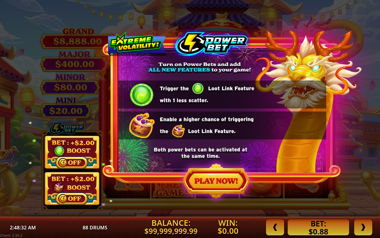 88 Drums Power Bet information screen