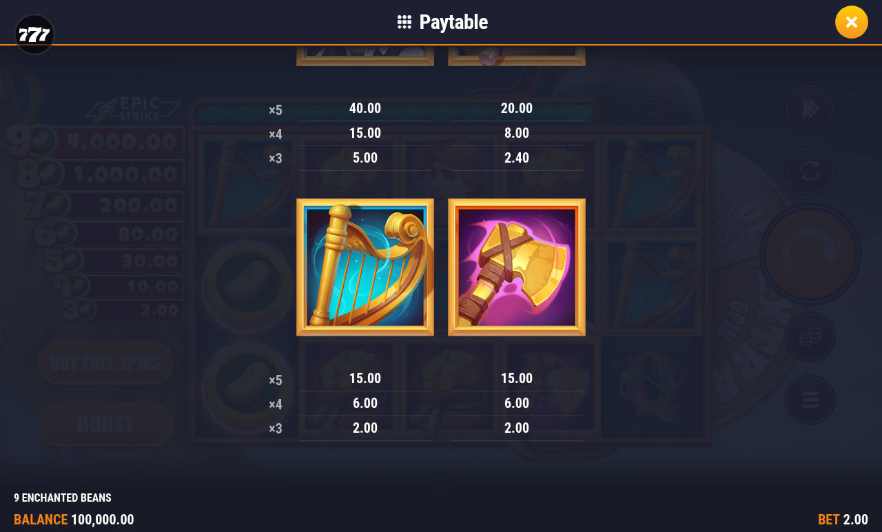 9 Enchanted Beans symbol values information screen