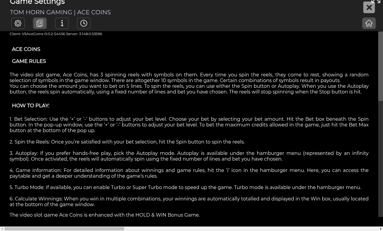 Ace Coins information screen