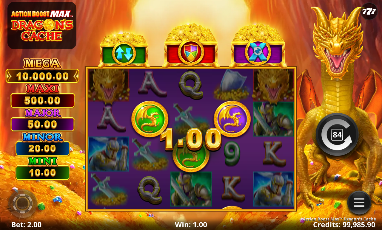 Action Boost Max Dragon's Cache gameplay with coins collecting to the chests