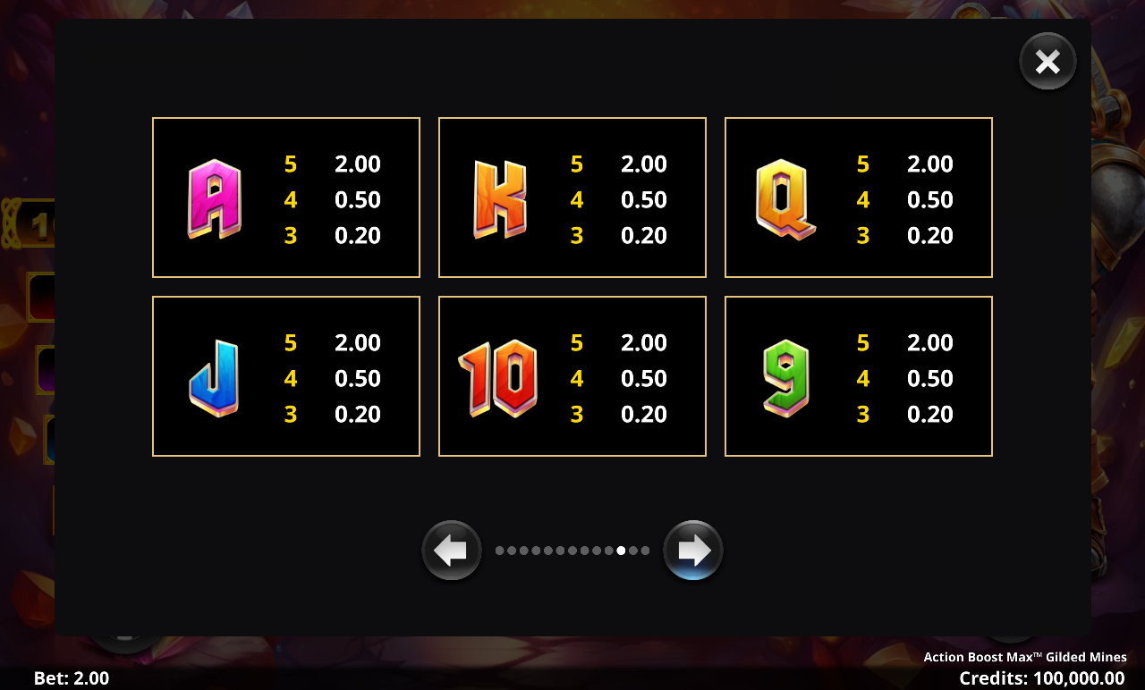 Action Boost Max Gilded Mines Wild symbols rules screen