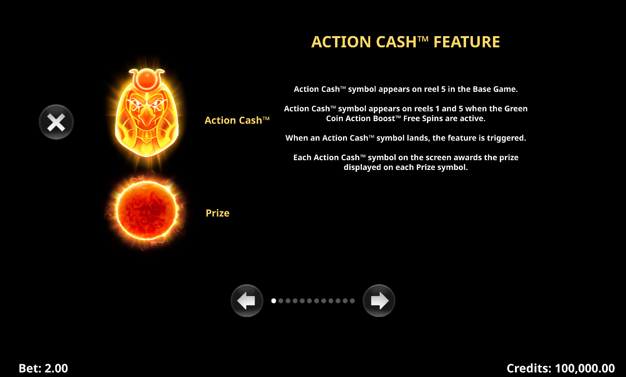 Action Cash Ra's Riches information screen