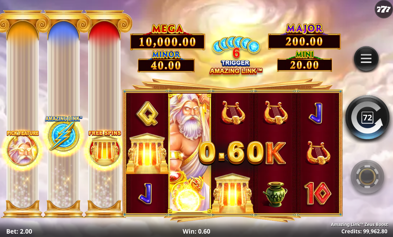 Amazing Link Zeus Boost gameplay showing free spins round