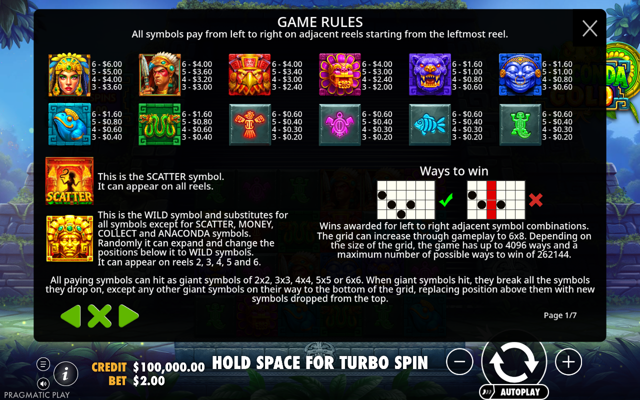 Anaconda Gold wild and giant symbols information screen