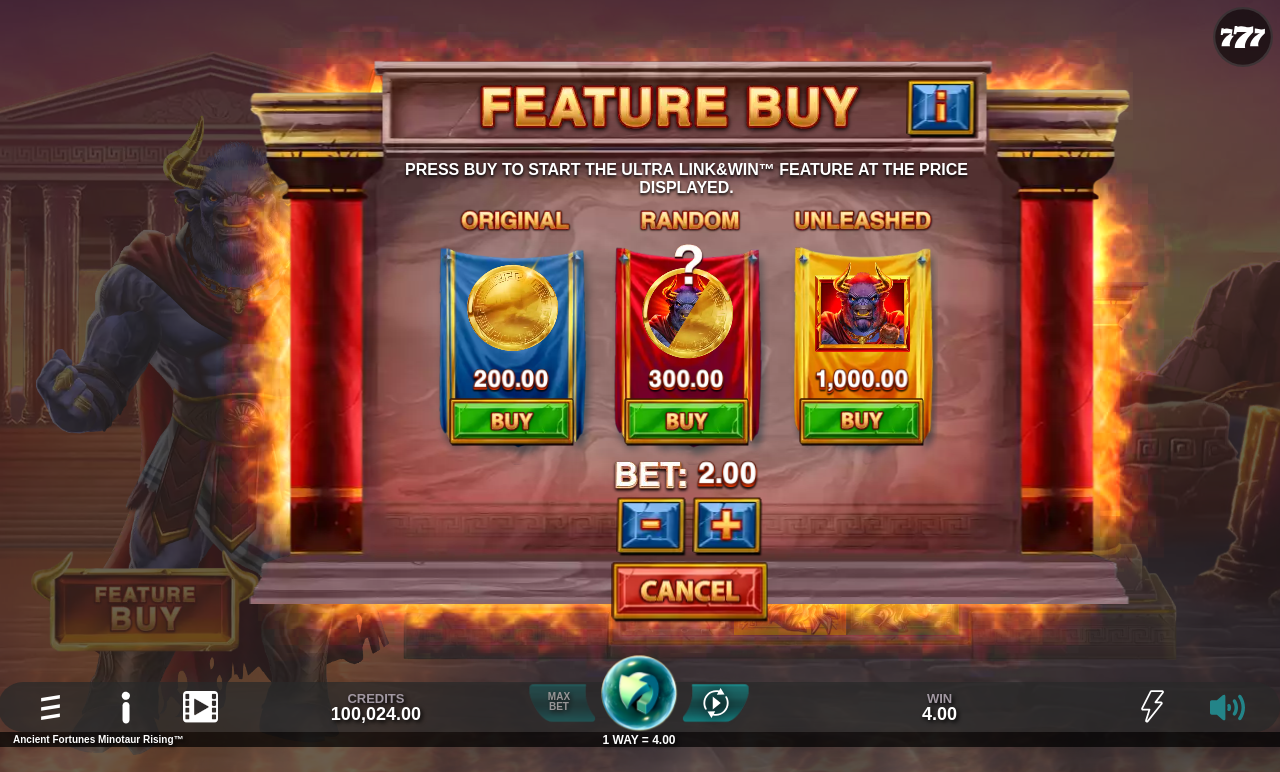 Ancient Fortunes Minotaur Rising bonus buy menu