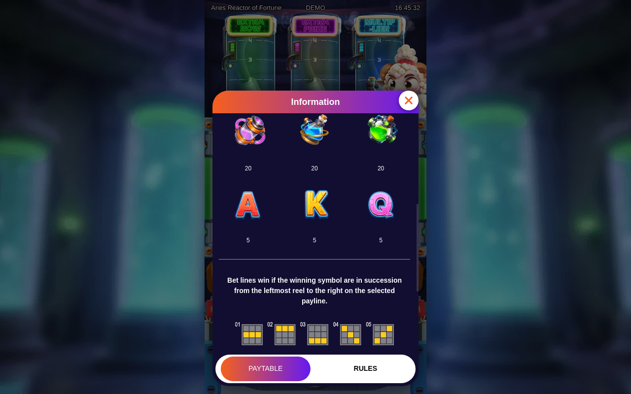 Aries Reactor Of Fortune information screen