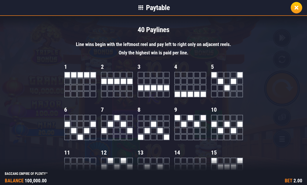 Baozang Empire of Plenty bonus game symbols information screen