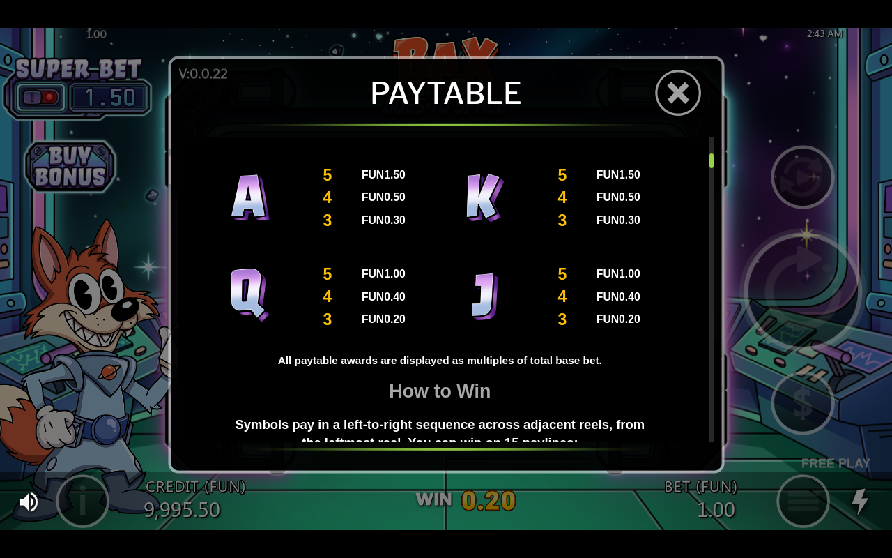 Bax Goes To Space information screen