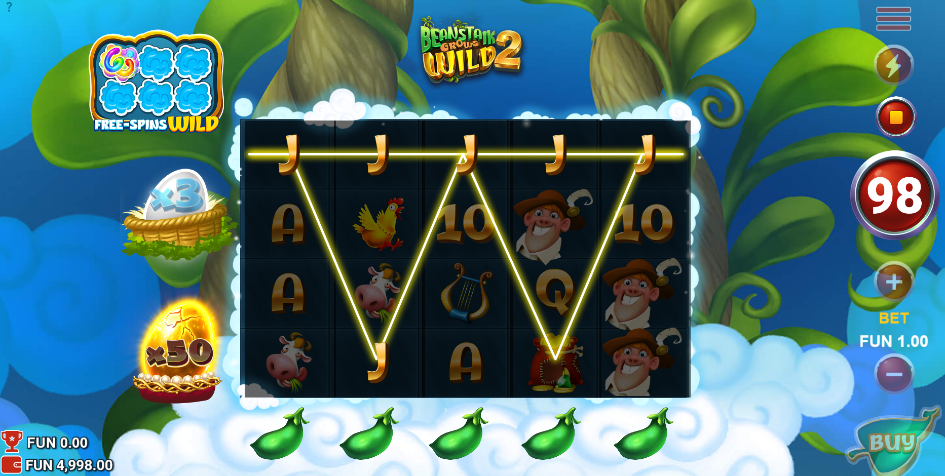 Beanstalk Grows Wild offers 20 fixed paylines
