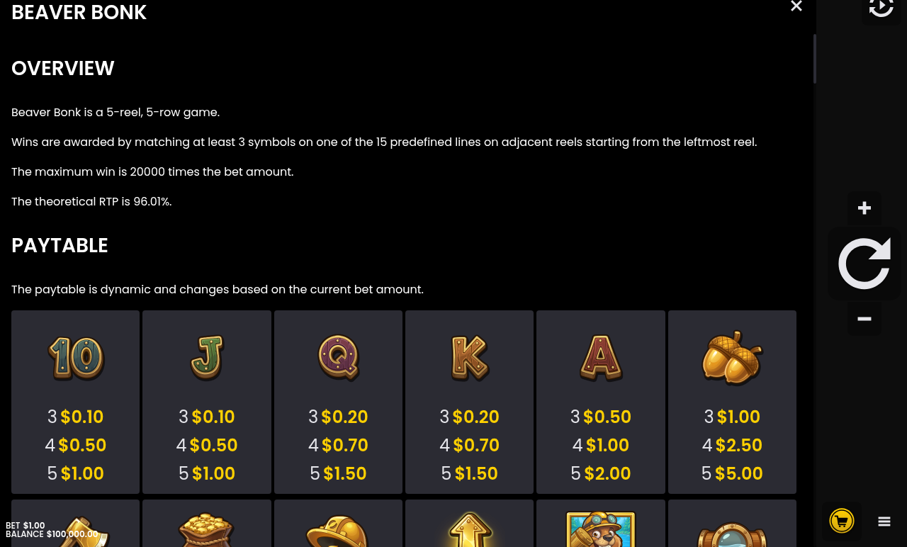Beaver Bonk information screen