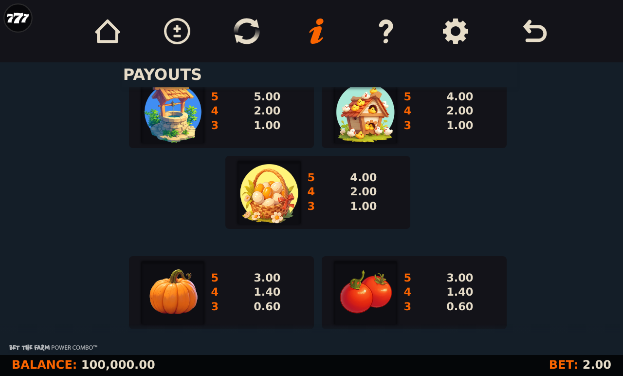 Bet the Farm Power Combo information screen