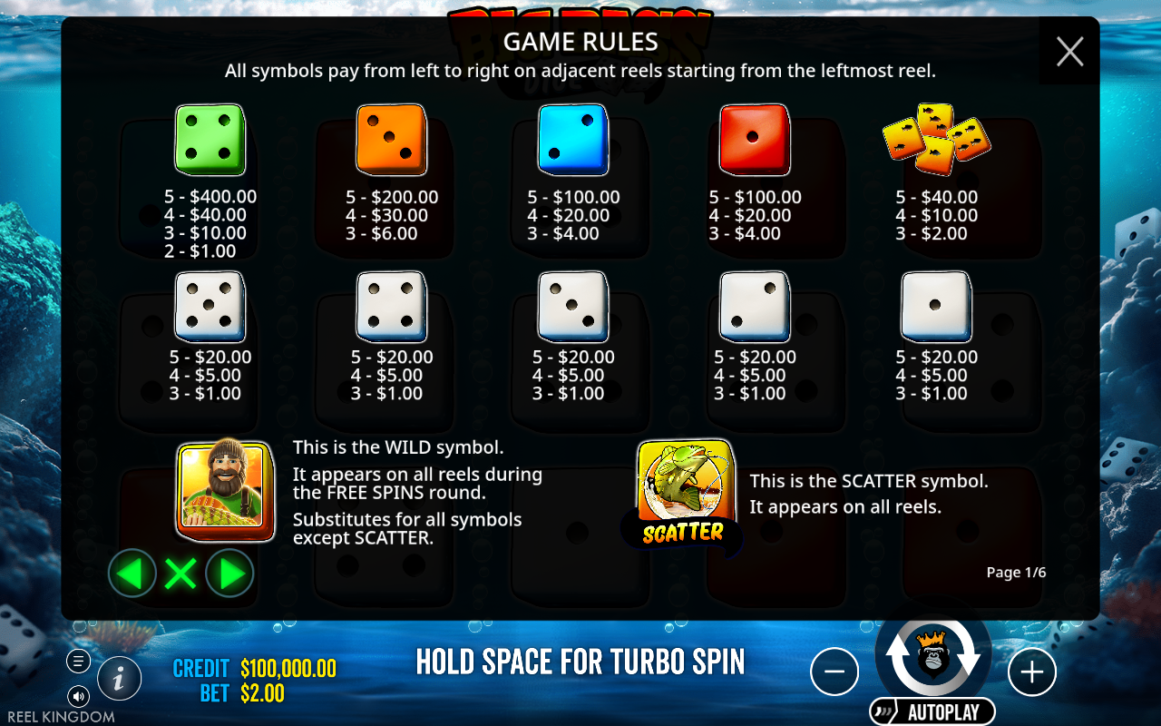 Big Bass Dice information screen showing wild and scatter rules