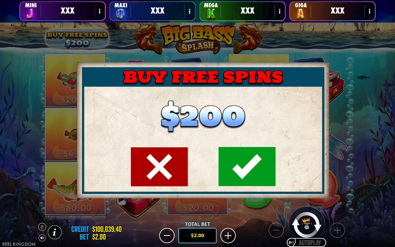 Big Bass Splash - Oranje Jackpot bonus buy screen