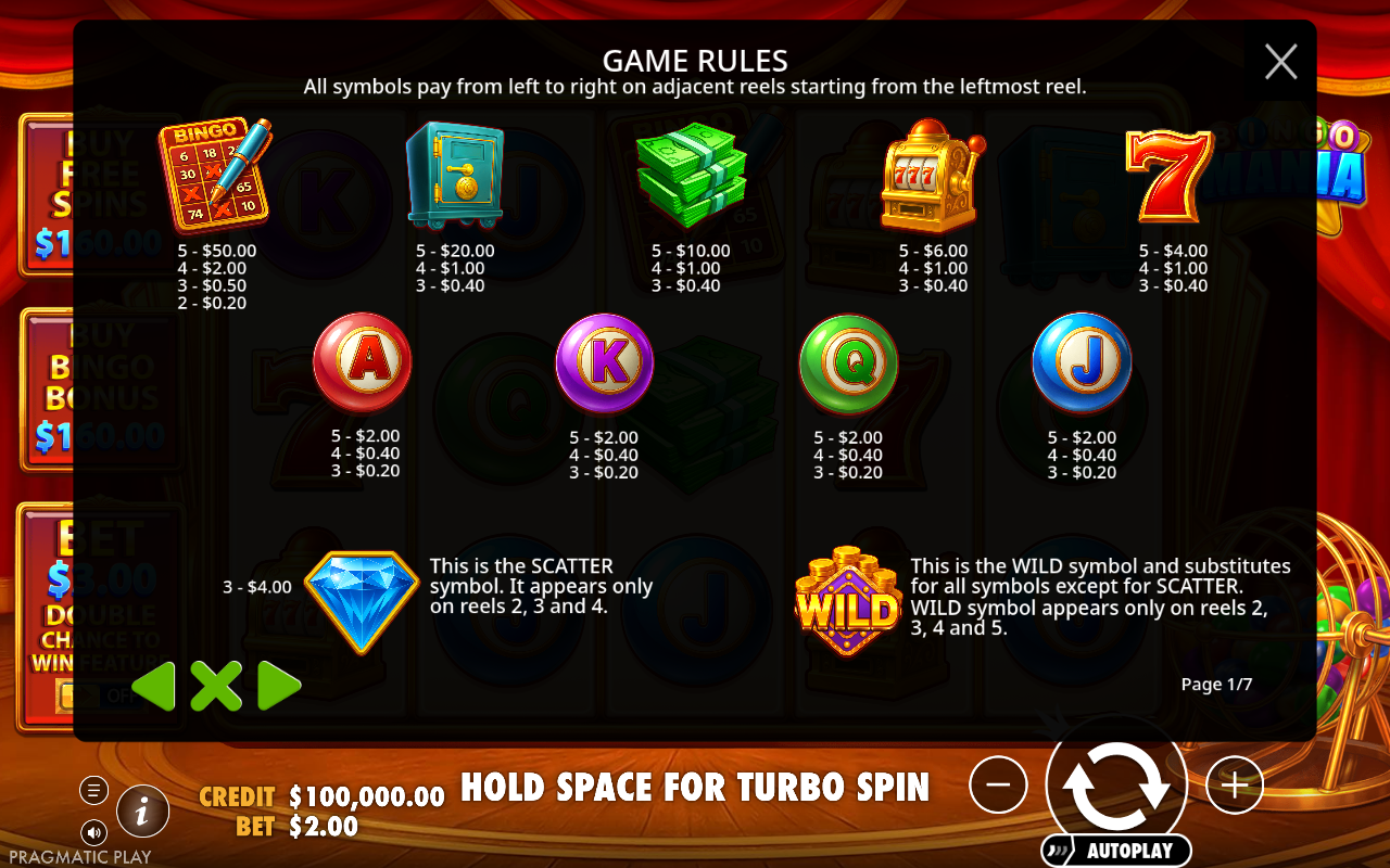 Bingo Mania information screen