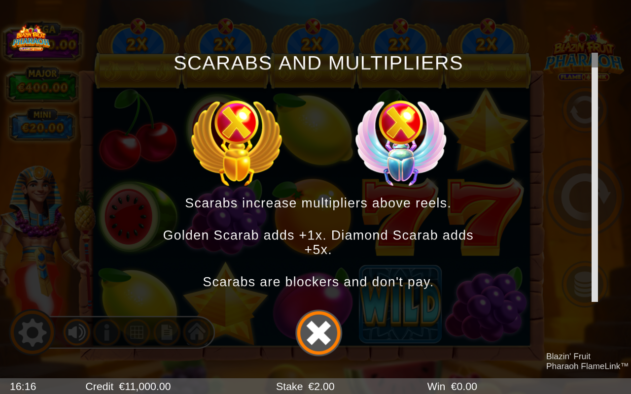 Blazin' Fruit Pharaoh FlameLink information screen