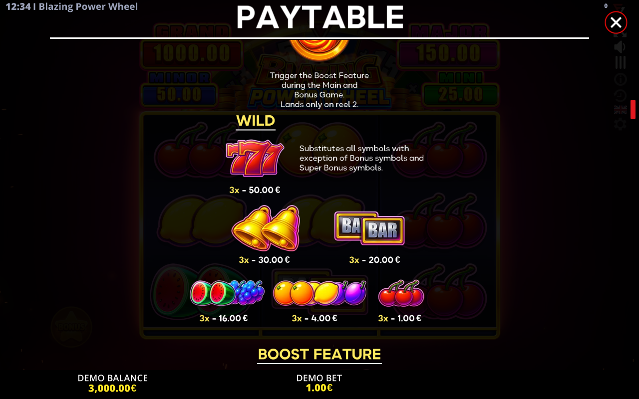 Blazing Power Wheel information screen
