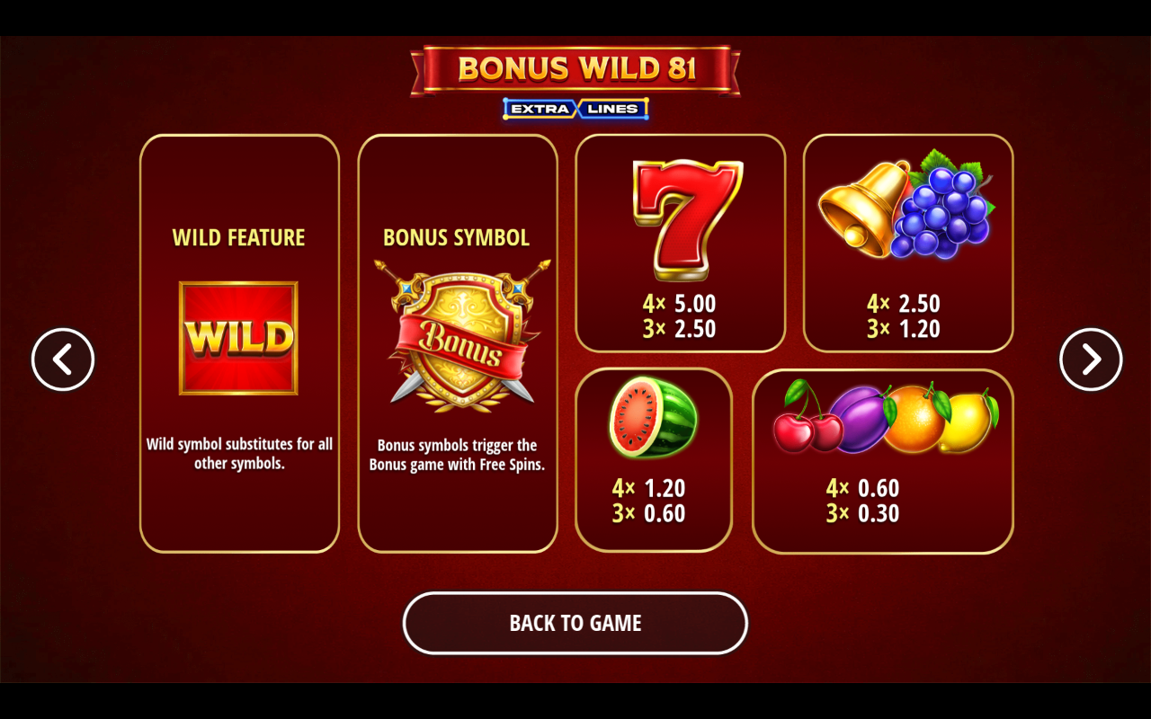Bonus Wild 81 Extralines information screen
