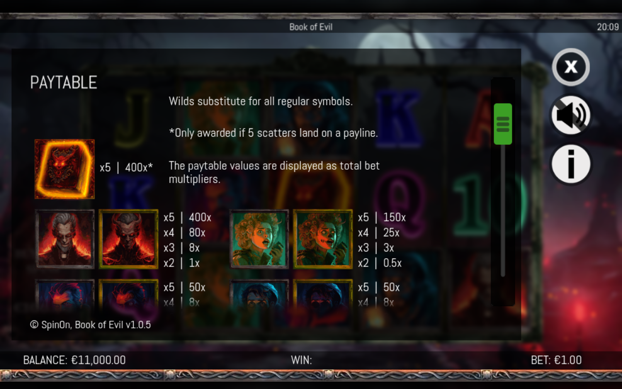 Book of Evil wild and scatter symbols information screen