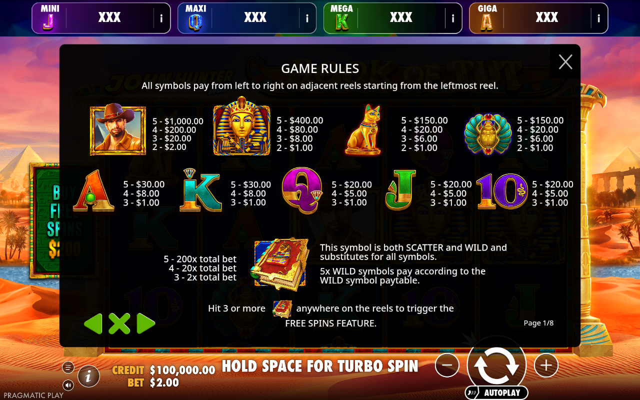 Book of Tut - Oranje Jackpot information screen