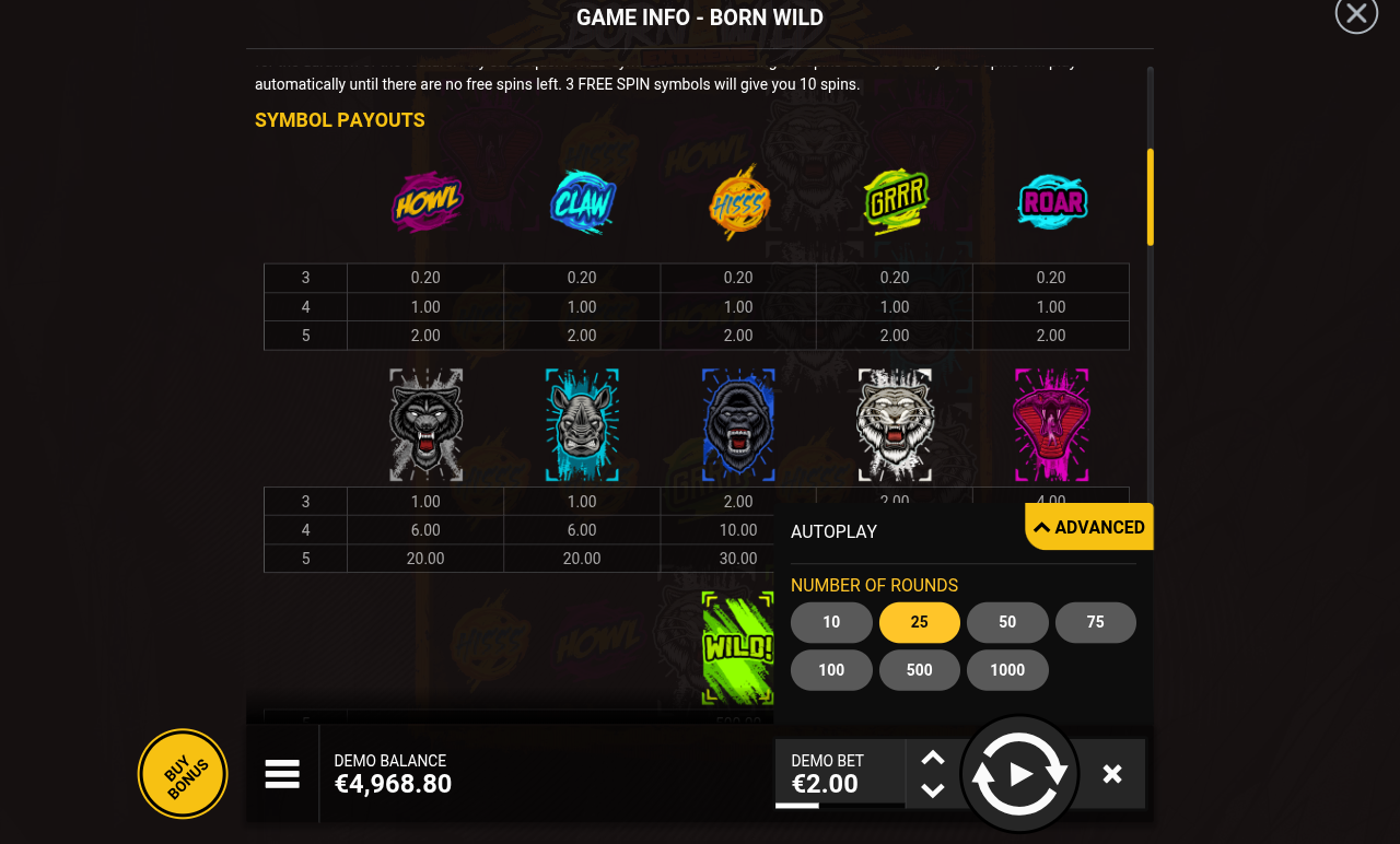 Born Wild EXTREME paytable and symbol values