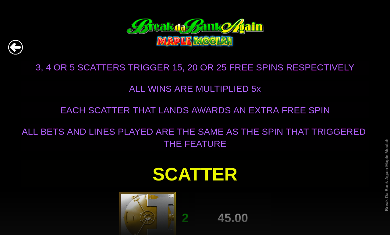 Break Da Bank Again Maple Moolah jackpot rules screen
