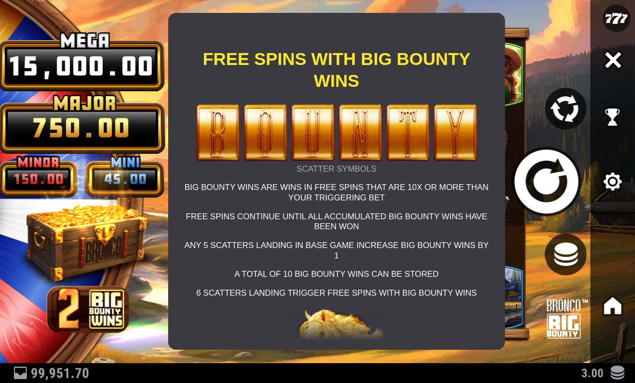Bronco Big Bounty information screen