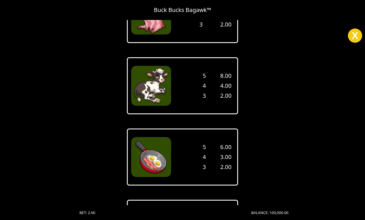 Buck Bucks Bagawk information screen