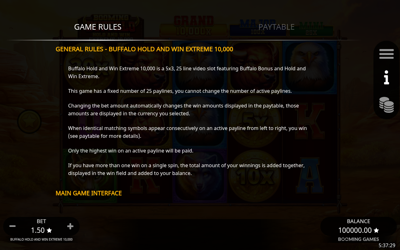 Buffalo Hold and Win Extreme 10,000 information screen