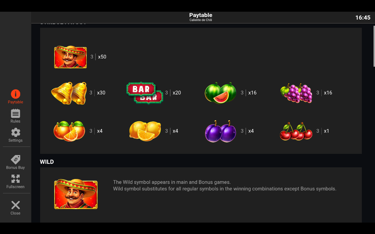 Caliente de Chili information screen