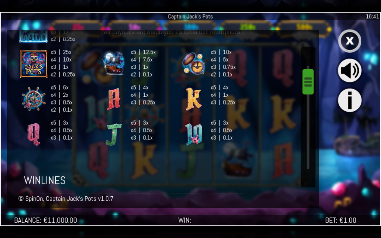 Captain Jack's Pots information screen
