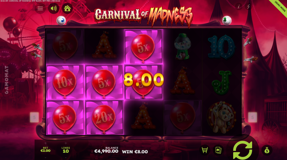 Carnival of Madness offers 10 fixed paylines