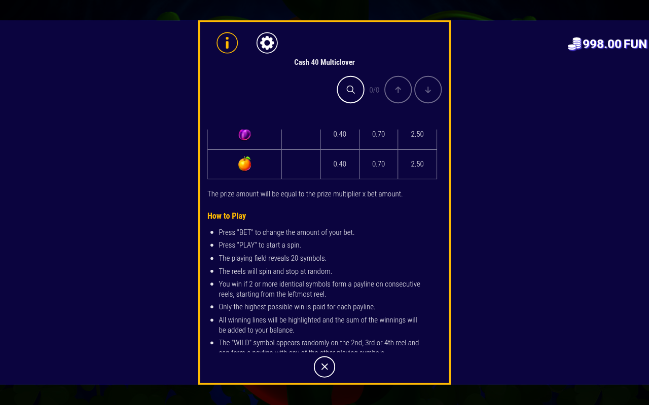 Cash 40 Multiclover information screen