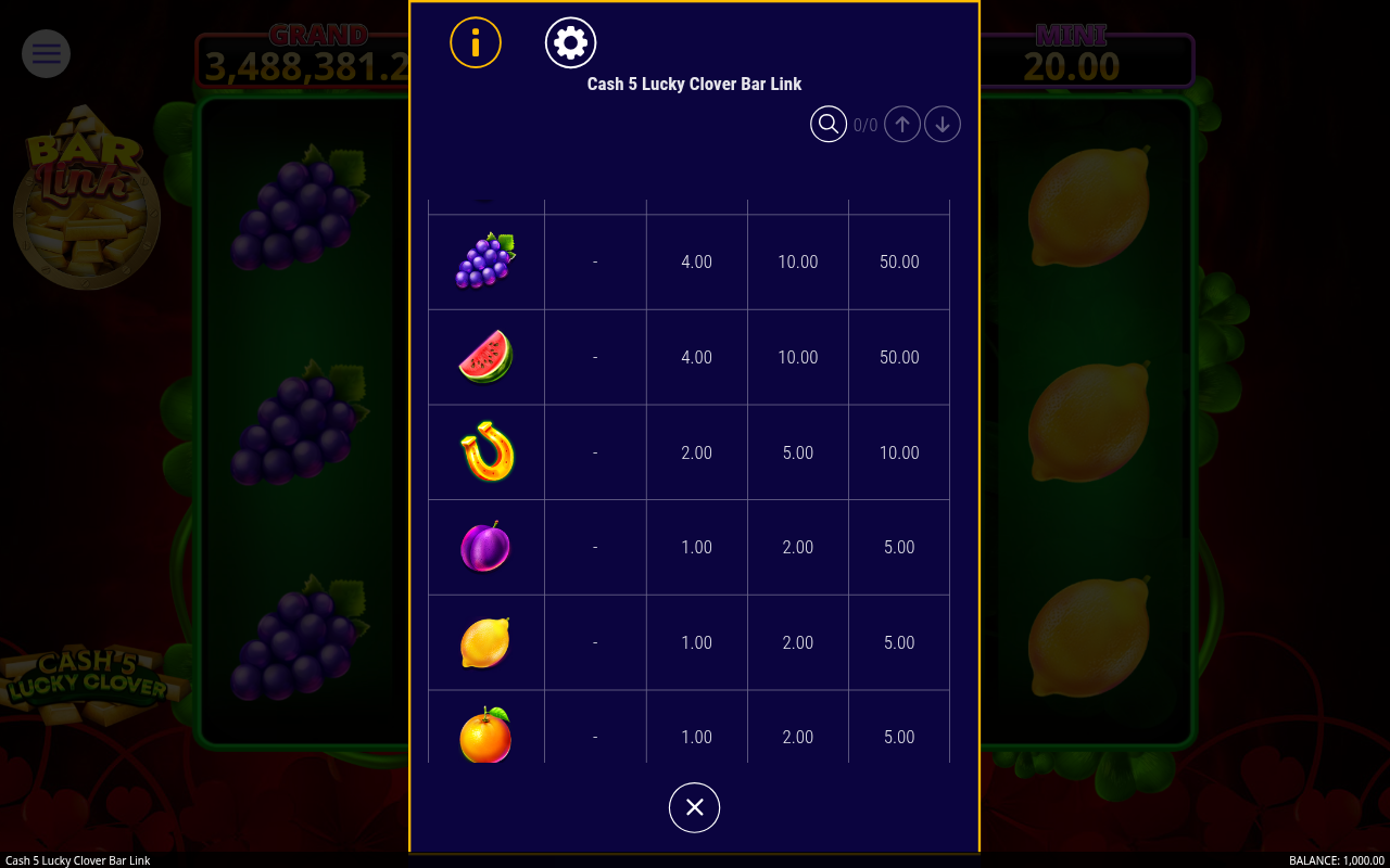 Cash 5 Lucky Clover Bar Link information screen