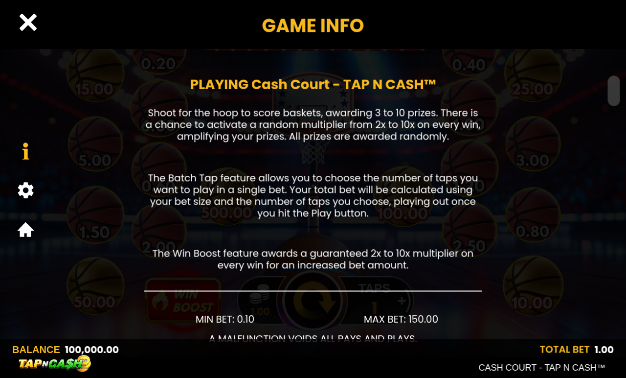 Cash Court - Tap n Cash information screen