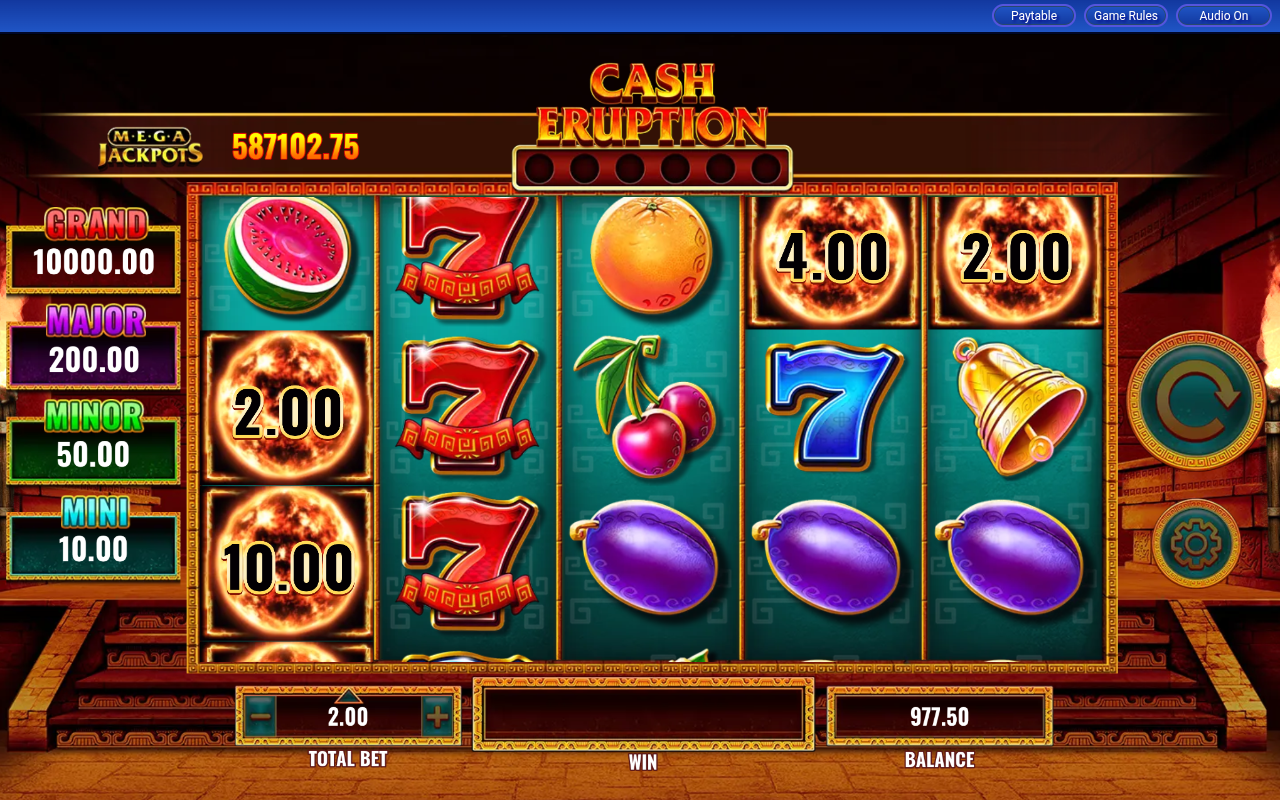 Cash Eruption MegaJackpots Fireball symbols with cash values